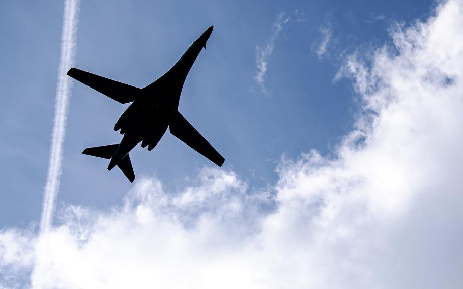 A B-1B Lancer from the 9th Expeditionary Bomb Squadron arrives May 23, 2023, at RAF Fairford in England for Bomber Task Force Europe 23-3. A Russian plane intercepted two Lancers over the Baltic Sea on May 23, but the Pentagon downplayed the encounter.