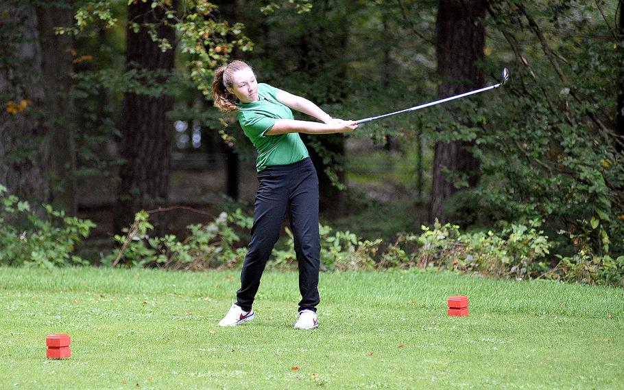 Naples junior Morgan Johnson tees off at the No. 17 hole at Woodlawn Golf Course on Ramstein Air Base, Germany, during the first day of the DODEA European golf championships on Oct. 12, 2023.