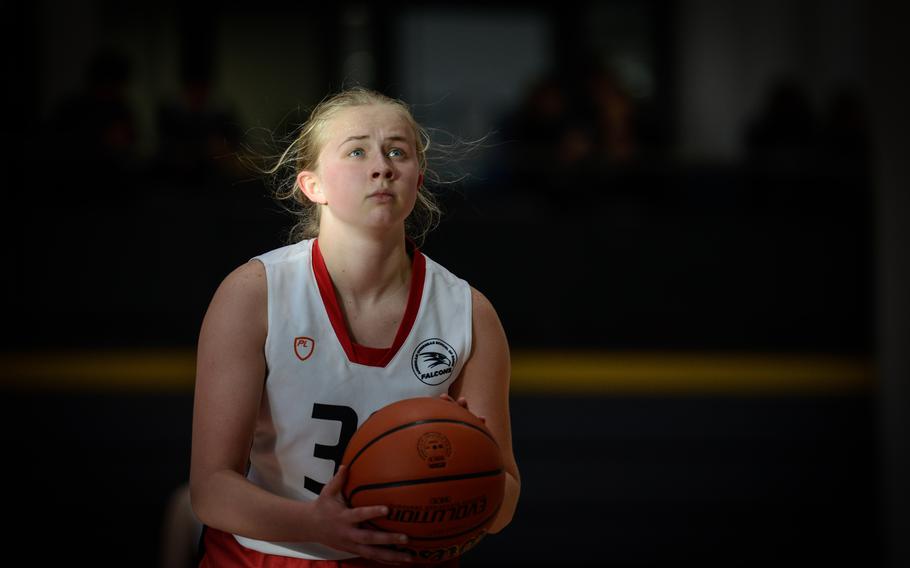 Clara Clayton of the American Overseas School of Rome readies herself for a free throw against the Rota Admirals at the DODEA-Europe Division II girls basketball tournament Wednesday, Feb. 15, 2023, at Ramstein Air Base, Germany.