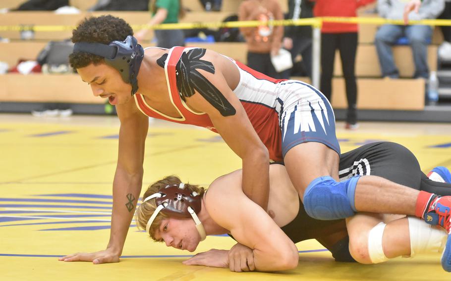 Aviano’s Aaron Smith topped Vilseck’s Donald Chase at 157 pounds Friday, Feb. 9, 2024, at the DODEA European Wrestling Championships in Wiesbaden, Germany.