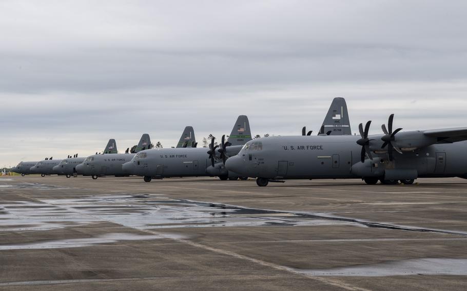 C-130J Super Hercules from Little Rock Air Force Base, Ark., and Dyess Air Force Base, Texas, sit on a flightline at Chennault International Airport, La., during the 2021 Swamp Dash exercise, April 15, 2021. Officials want to transform Chennault International Airport and its two-mile runway on the eastern edge of Lake Charles into an economic engine for the region.