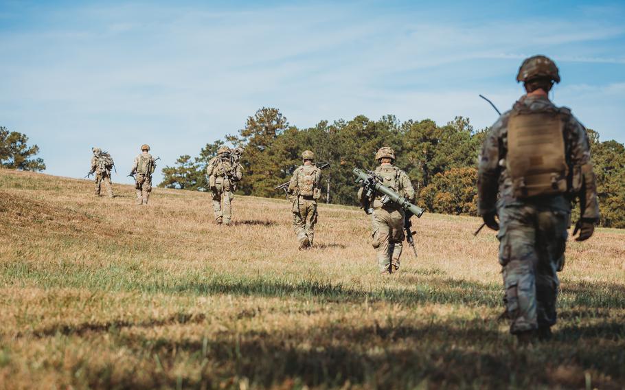 U.S. soldiers with Bravo Company, 1st Battalion, 112th Infantry Regiment, 56th Stryker Brigade Combat Team perform a platoon maneuver exercise at Fort Barfoot, Va., Oct. 25, 2023. Around 300 soldiers from the 2nd Battalion, 112th Infantry, 56th Stryker Brigade Combat Team will depart late December for eventual deployment to the Horn of Africa region of the African continent.
