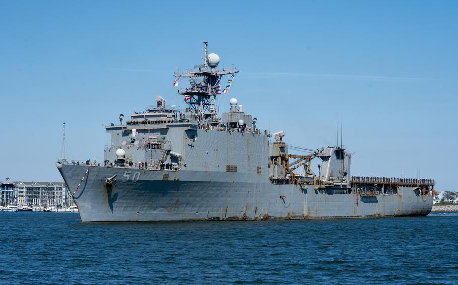 The Harpers Ferry-class dock landing ship USS Carter Hall (LSD 50), assigned to the Bataan Amphibious Ready Group (ARG), returns from an eight-month deployment operating in the U.S. 5th and U.S. 6th Fleet areas of operation, Thursday, March 21, 2024.