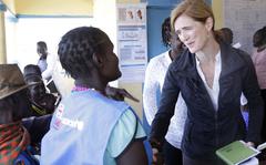 FILE - Samantha Power, Administrator of the United States Agency for International Development (USAID), right, visits a clinic in Kachoda, Turkana area, northern Kenya, July 23, 2022. Russian, French and American leaders are crisscrossing Africa Wednesday, July 27, 2022, to win support for their positions on the war in Ukraine, an intense competition for influence the continent has not seen since the Cold War. (AP Photo/Desmond Tiro, File)