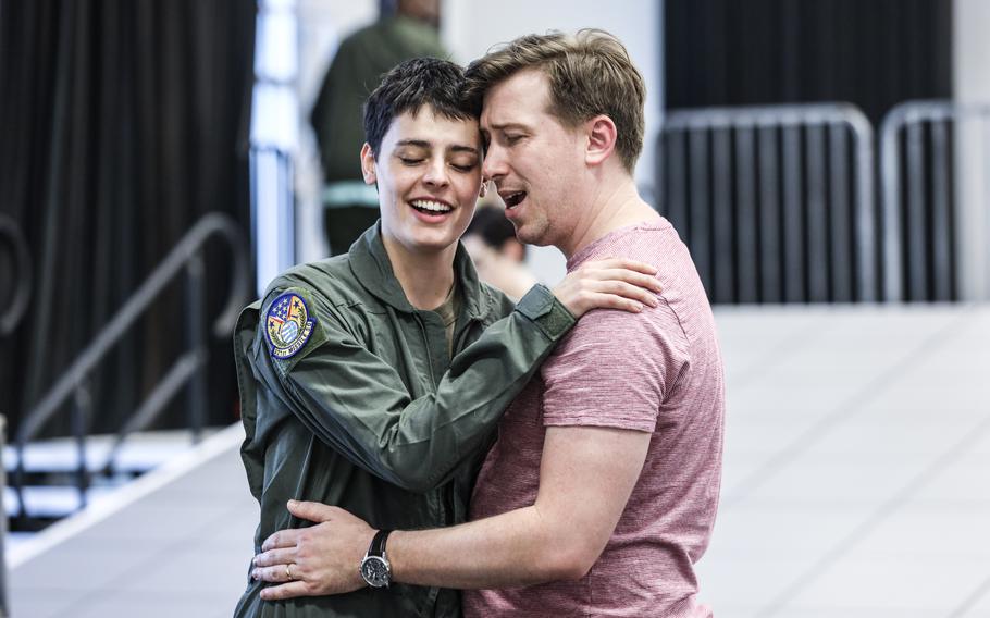 Emily D’Angelo, who plays Air Force drone pilot Jess Kelsen, and Joseph Dennis, who plays her husband, Eric, rehearse for Washington National Opera’s world premiere of “Grounded,” an opera by Jeanine Tesori and George Brant that examines the struggles of a female Air Force F-16 pilot who becomes a drone pilot after being grounded due to pregnancy.