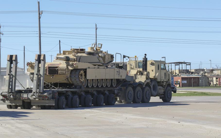The 96th Transportation Company, 553D Combat Sustainment Support Battalion, 1st Cavalry Division Sustainment Brigade supports 2nd Battalion, 7th U.S. Cavalry Regiment, 3rd Armored Brigade Combat Team by moving 15 M1A2 Abrams Main Battle Tanks from Fort Hood, Texas, to Fort Bliss, Texas., on March 20, 2018.