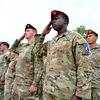 Soldiers salute in formation.
