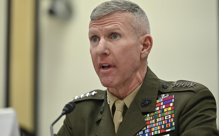 Assistant Commandant of the Marine Corps Gen. Eric Smith testifies before the House Armed Services Committee on Readiness for the Marine Corps’ fiscal year 2024 budget request, in Washington, D.C., April 19, 2023.