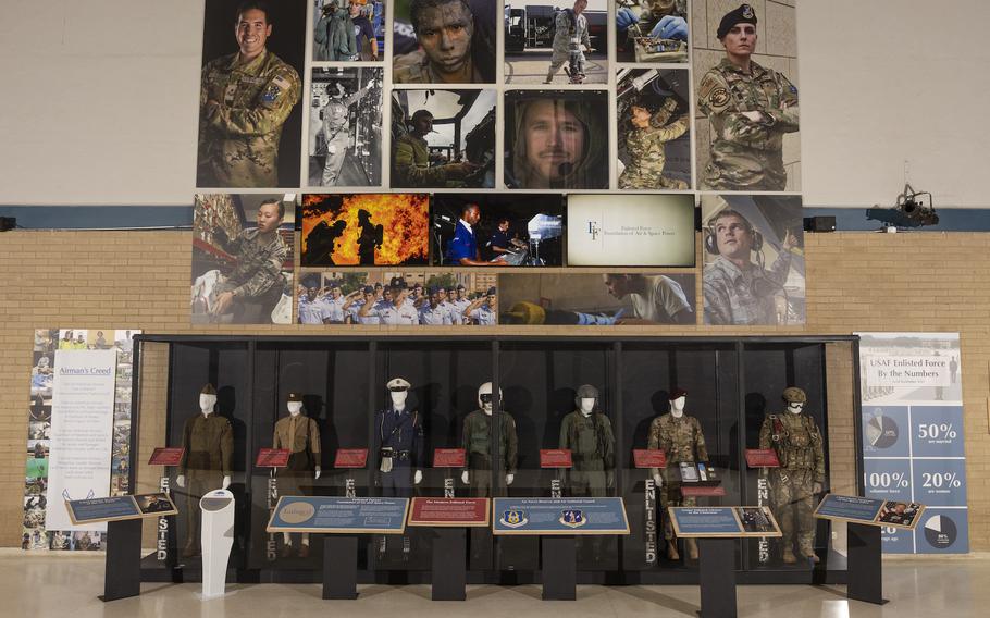 This display of the enlisted force stands in the National Museum of the U.S. Air Force’s Kettering Hall as a tribute to the backbone of the Air Force. The display shows the roles of airmen past and present through photographs and video. Six mannequins display uniforms of airmen from 1918 to 2019 and include a World War I mechanic, World War II public affairs specialist, Cold War police officer, Southeast Asia war flight engineer, Persian Gulf war aerial gunner and Global War on Terrorism HALO parachutist. The full exhibit, which contains nearly 50 elements, is placed throughout the 10 galleries of the museum.