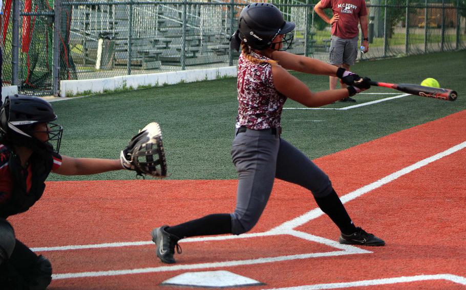 Perry's Leah Hamner connects against King.