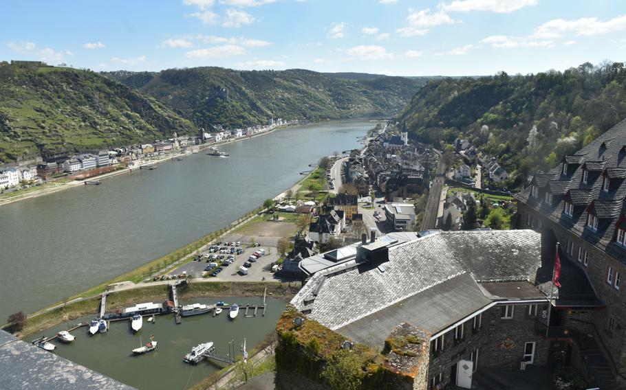 The town of St. Goar, Germany, seen from the battlements of Burg Rheinfels on April 16, 2022.