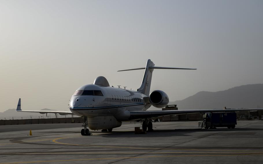 An E-11 Battlefield Airborne Communications Node sits on the flightline at Kandahar Airfield (KAF), Afghanistan, Aug. 1, 2017. The E-11 BACN is a vital airborne signal relay, enabling real-time communications between friendly forces in the air and on the ground. There are only four E-11 aircraft in the Air Force and they operate around the clock, 24/7, ensuring Air Force and coalition operators can communicate when needed.