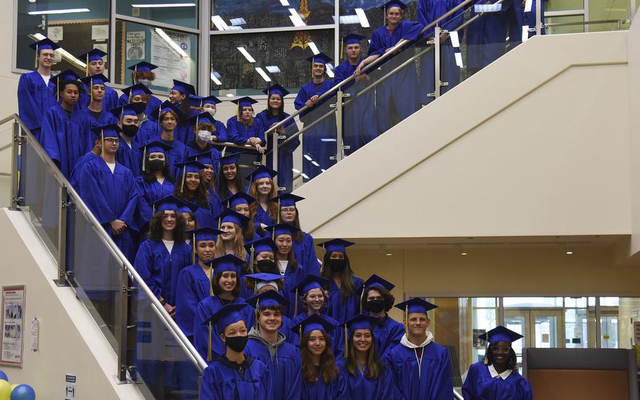 Seniors take part in a ceremony to announce their post-high school plans at Yokota Air Base, Japan, Friday, April 20, 2022.