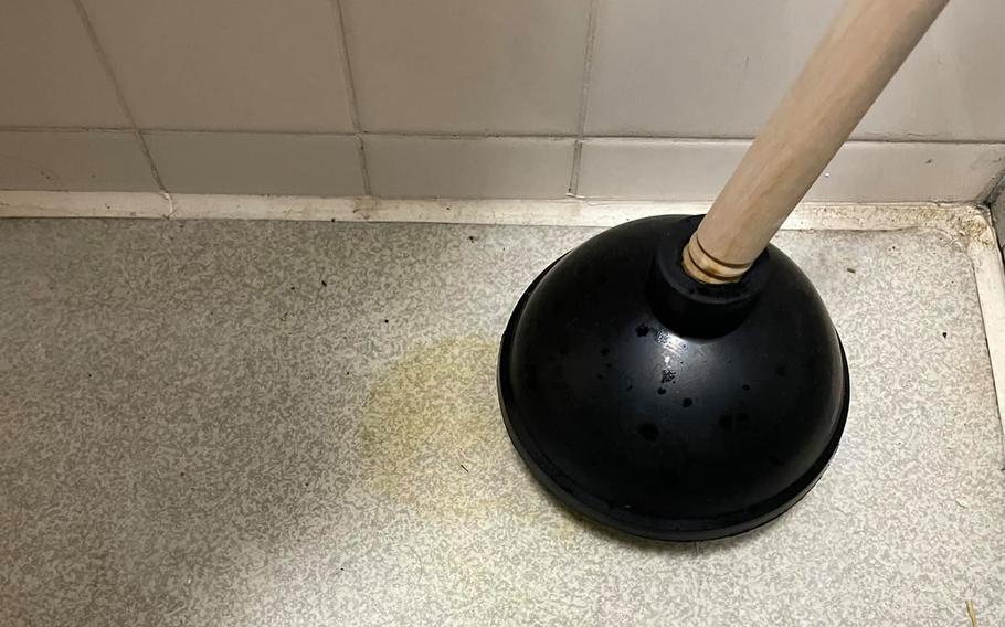 Photographs of quarantine quarters at Yokota Air Base, Japan, show a dirty bathroom, stained carpet, food waste spattered on kitchen floors and appliances, holes in the ceiling and walls and what looks like mold growing on fixtures.