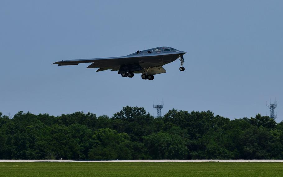A B-2 Spirit bomber performs touch-and go training at Whiteman Air Force Base, Mo., in 2020. The B-2 was one of only four military aircraft that met mission capable goals, the Government Accountability Office report.