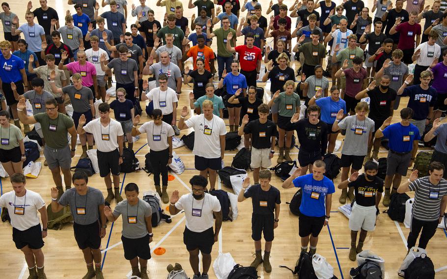 Basic cadets from the Class of 2026 arrive at the U.S. Air Force Academy for in-processing (I-Day), on June 23, 2022, in Colorado Springs, Colo.