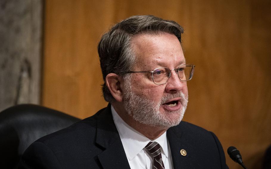 Senator Gary Peters, a Democrat from Michigan and chairman of the Senate Homeland Security and Governmental Affairs Committee, speaks during a confirmation hearing for Shalanda Young, director of the Office of Management and Budget (OMB) nominee for U.S. President Joe Biden, on Feb. 1, 2022, in Washington, D.C.  (Al Drago/Getty Images/TNS)
