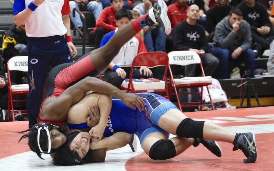 Wendell Harrison of host Nile C. Kinnick defeated Shonan Military Academy’s Yuki Nakamura to win the Beast of the East 158-pound weight class at Yokosuka Naval Base on Saturday, Jan. 21, 2023. Harrison’s upset win also won him the tournament’s Outstanding Wrestler individual trophy. 