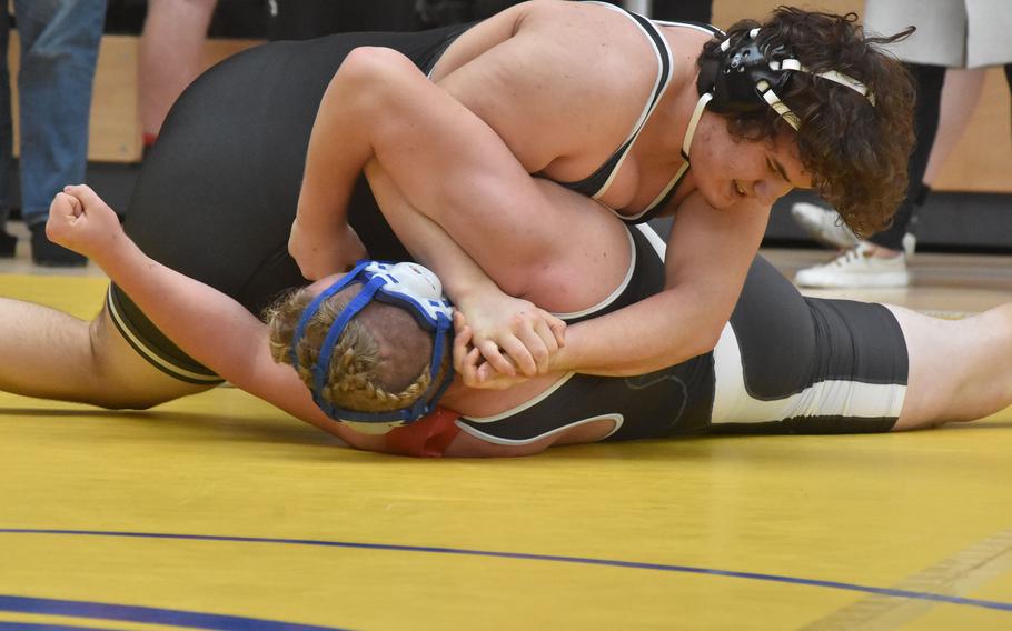 AFNORTH’s Nathan Frederickson defeated Rota’s Donovan Lenhard at 285 pounds Friday, Feb. 9, 2024, at the DODEA European Wrestling Championships in Wiesbaden, Germany.