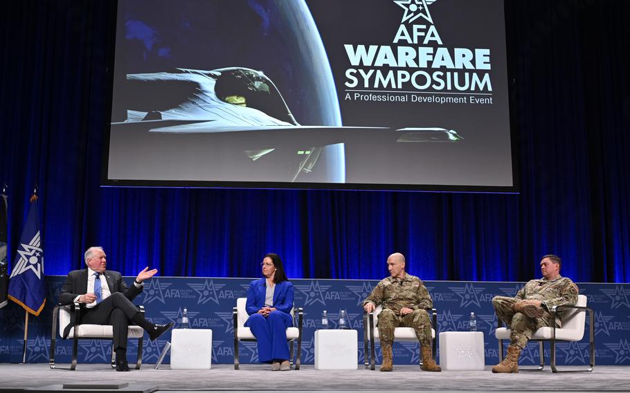 Air Force Secretary Frank Kendall leads a panel discussion called “Reoptimizing for Great Power Competition: A Senior Leaders Discussion” during the Air and Space Forces Association 2024 Warfare Symposium in Aurora, Colo., on Feb. 12, 2024, with Kristyn Jones, acting undersecretary of the Air Force, Gen. David Allvin, the service chief of staff, and Gen. Chance Saltzman, chief of space operations.