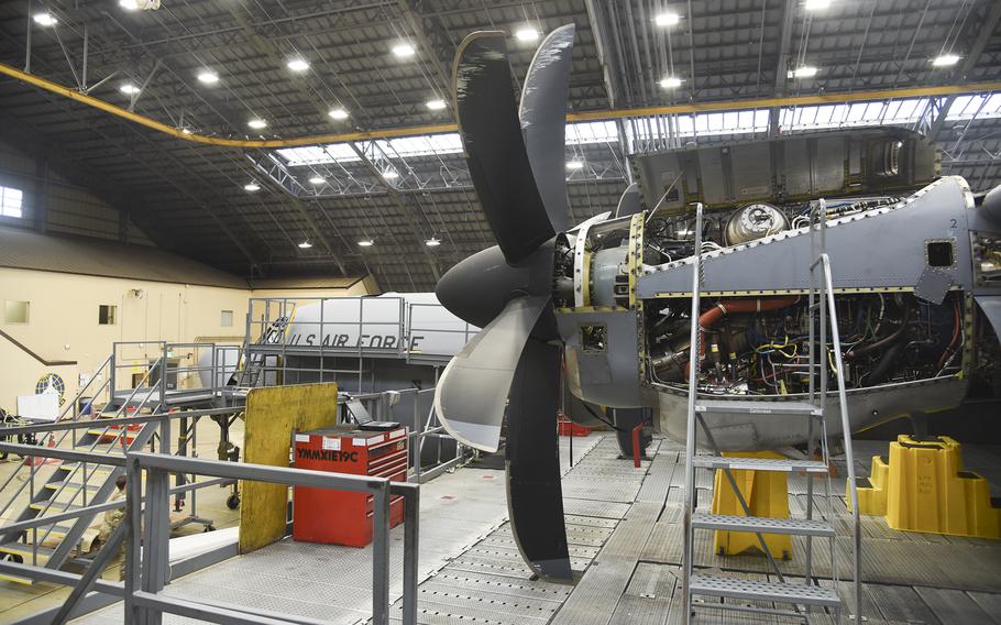A C-130J Super Hercules airlifter of the 374th Airlift Wing is staged for an isochronal inspection at Yokota Air Base, Japan, on June 21, 2024.