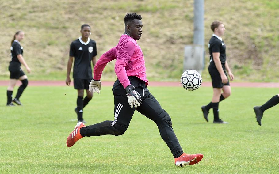 Baumholder goalkeeper Justin Anderson boots the ball downfield during a May 4, 2024, match against Brussels at Minick Field in Baumholder, Germany.