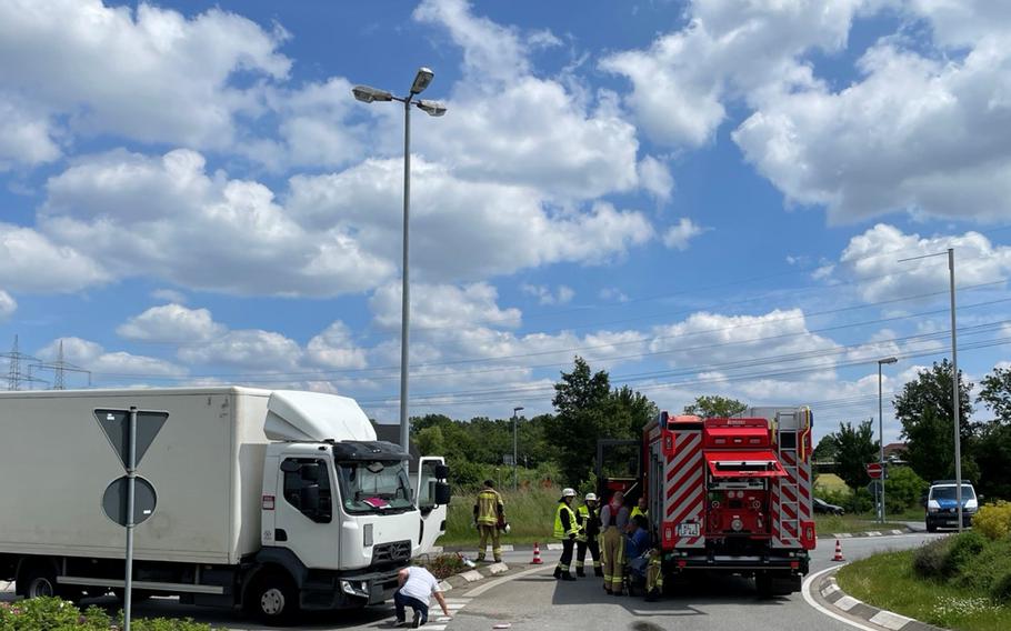 A pedestrian was hit by a truck at a traffic circle in Weilerbach on Tuesday.