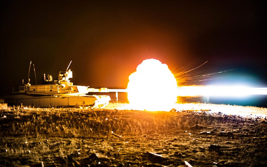 Idaho Army National Guard trains in 2019 with an M1A2 Abrams tank at the Orchard Combat Training Center near Boise.