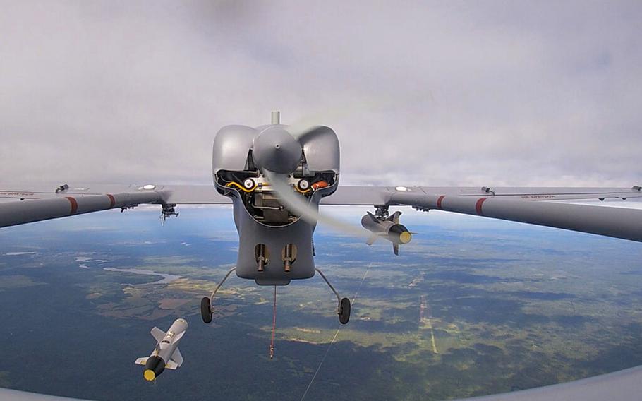 A Russian drone launches a missile during war games by Russian and Belarusian forces at the Mulino training ground in the Nizhny Novgorod region, Russia, on Sept. 11, 2021. Ukrainian officials on Saturday, June 25, 2022, alleged that Russia launched airstrikes against Ukraine from Belarusian airspace.