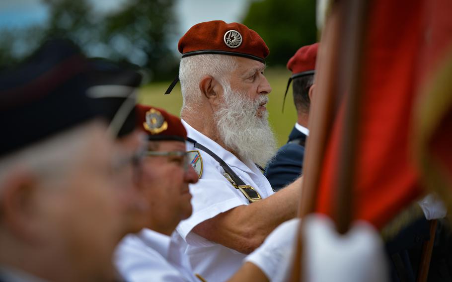 French military veterans participate in an honor guard formation during a ceremony at landing site "Virgule," near Berlats, May 27, 2022. Five former U.S. special forces operators and a French commando soldier parachuted to the same landing site used by U.S. paratroopers of the Office of Strategic Services when infiltrating into Nazi-occupied Germany in 1944.