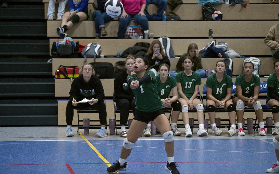 Naples' Ella Grace prepares to bump the ball during a Division II semifinal match against Black Forest Academy at the DODEA European volleyball championships on Oct. 27, 2023, at Ramstein High School on Ramstein Air Base, Germany.