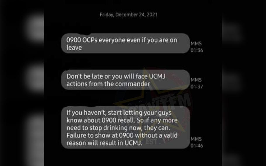 Text messages that were shared on a popular Facebook page show an order for soldiers in a platoon at Fort Bragg, N.C., to attend a punitive formation Christmas Eve after a member of the unit received a DUI citation.