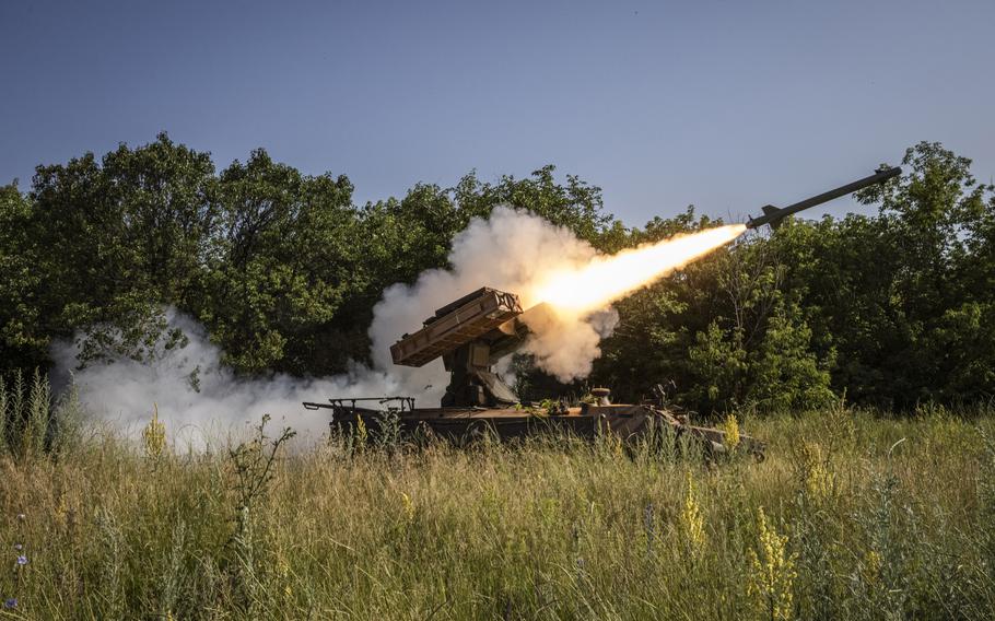 Soldiers from the 93rd brigade fire a 9K35 Strela-10, a short-range surface-to-air missile system, after spotting a Russian surveillance drone between Kostyantynivka and Bakhmut on July 5, 2023. 