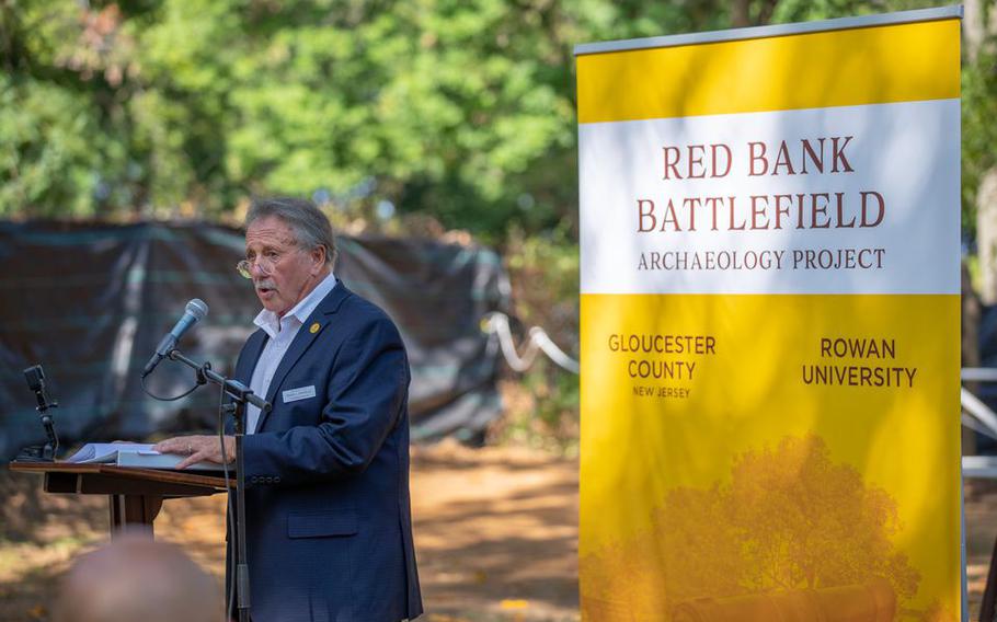 Frank DiMarco, director of the Gloucester County Commissioners, speaks about the significance of the historical find at a Rowan University archaeological dig site in National Park, N.J., on Tuesday, Aug. 2, 2022.