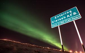 The lights along the flight line at Eielson Air Force Base, Alaska