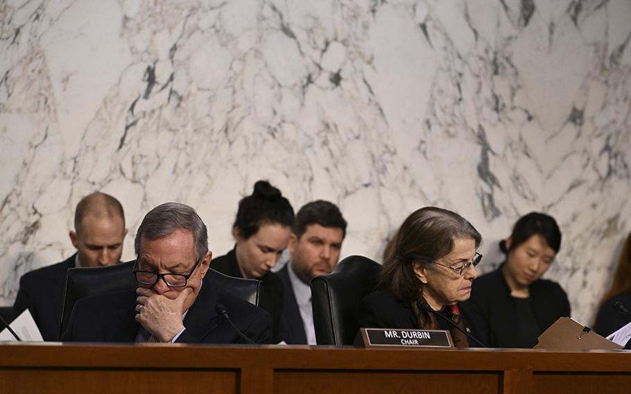 Judiciary Committee Chair Richard J. Durbin, D-Ill. ,and Sen. Dianne Feinstein, D.-Calif., at a meeting in February 2023.