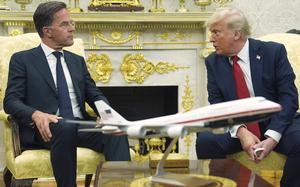 President Donald Trump, right, meets with NATO Secretary General Mark Rutte in the Oval Office of the White House, Monday, July 14, 2025, in Washington. (AP Photo/Evan Vucci)