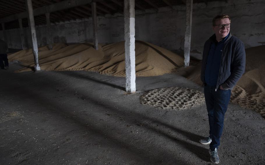 Dmytro Grushetskyi in a grain storage warehouse outside Uman.