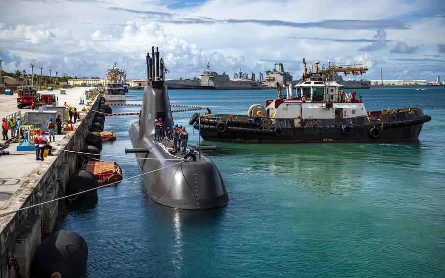 The South Korean navy submarine ROKS Jeong Ji moors at Naval Base Guam, Sept. 28, 2023.