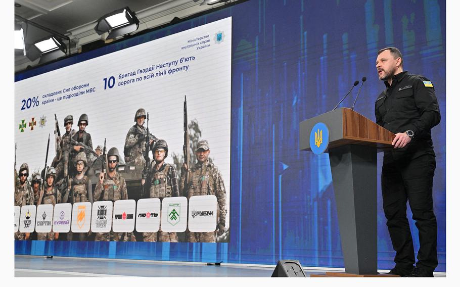 Minister of Internal Affairs of Ukraine Ihor Klymenko delivers a speech during the “Ukraine Year 2024” forum in Kyiv on Feb. 25, 2024. 
