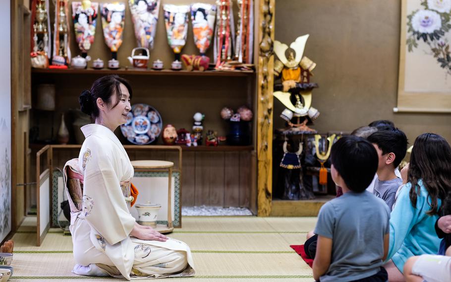 Students learn about Japanese tea ceremonies.