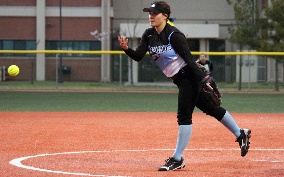 Osan right-hander Hanna Rutland delivers against Humphreys during Thursday's DODEA-Korea softball doubleheader. The Blackhawks won 18-2 and 13-12.