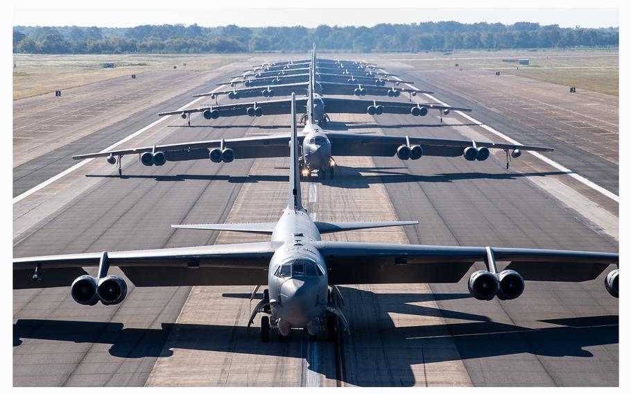 B-52H Stratofortresses from the 2nd Bomb Wing line up on the runway as part of a readiness exercise at Barksdale Air Force Base, La., on Oct. 14, 2020. 