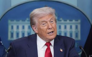 President Donald Trump speaks with reporters in the James Brady Press Briefing Room at the White House, Monday, Aug. 11, 2025, in Washington. (AP Photo/Alex Brandon)