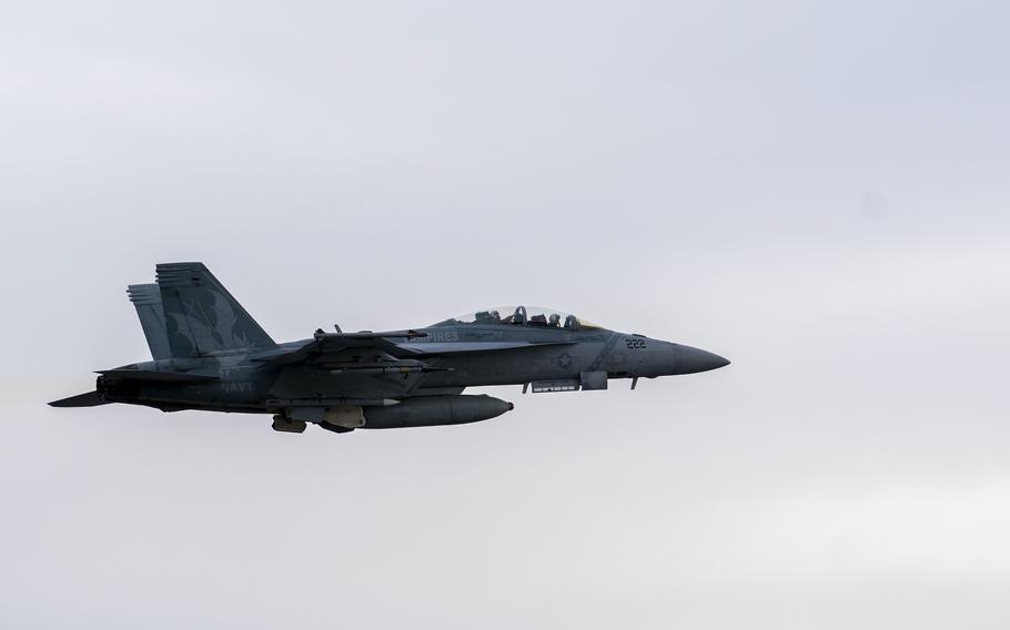 A U.S. Navy EA-18G Growler assigned to the “Garudas” Electronic Attack Squadron 134 takes off from the flight line at Joint Base Elmendorf-Richardson, Alaska, May 4, 2021, in support of Northern Edge 2021. 