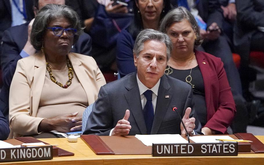 United States’ Secretary of State Antony Blinken speaks during high level Security Council meeting on the situation in Ukraine, Thursday, Sept. 22, 2022 at United Nations headquarters. 