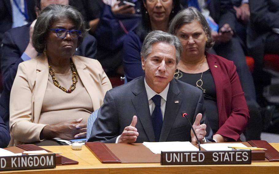 United States’ Secretary of State Antony Blinken speaks during high level Security Council meeting on the situation in Ukraine, Thursday, Sept. 22, 2022 at United Nations headquarters.
