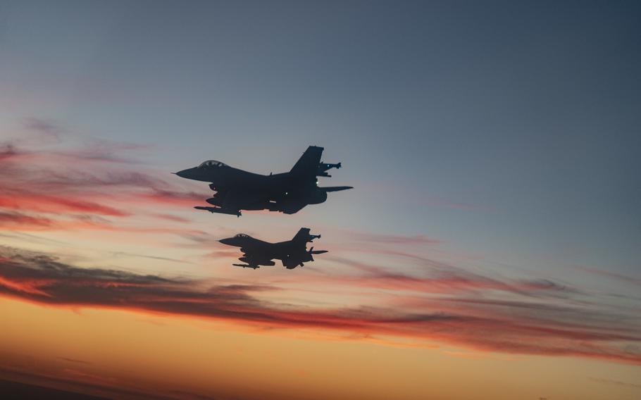 F-16 Fighting Falcons from Eglin Air Force Base, Fla., fly over Niceville, Fla., in September 2021.  