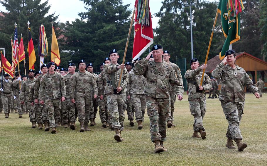 Soldiers of the 21st Theater Sustainment Command pass in review at the end of the unit’s change of command ceremony at Daenner Kaserne in Kaiserslautern, Germany, on Wednesday, June 7, 2023. Brig. Gen. Ronald Ragin took command from Maj. Gen. James Smith at the ceremony.