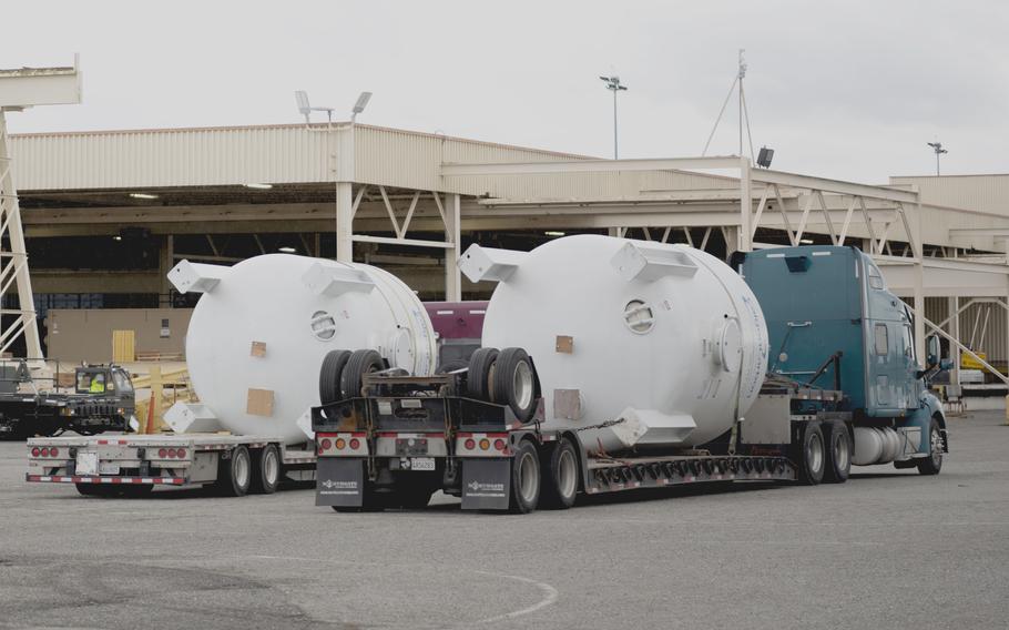 Dual 10K Kleen Water Filter systems bound for Hawaii are prepped for shipment at Travis Air Force Base, Calif., Dec. 15, 2021.